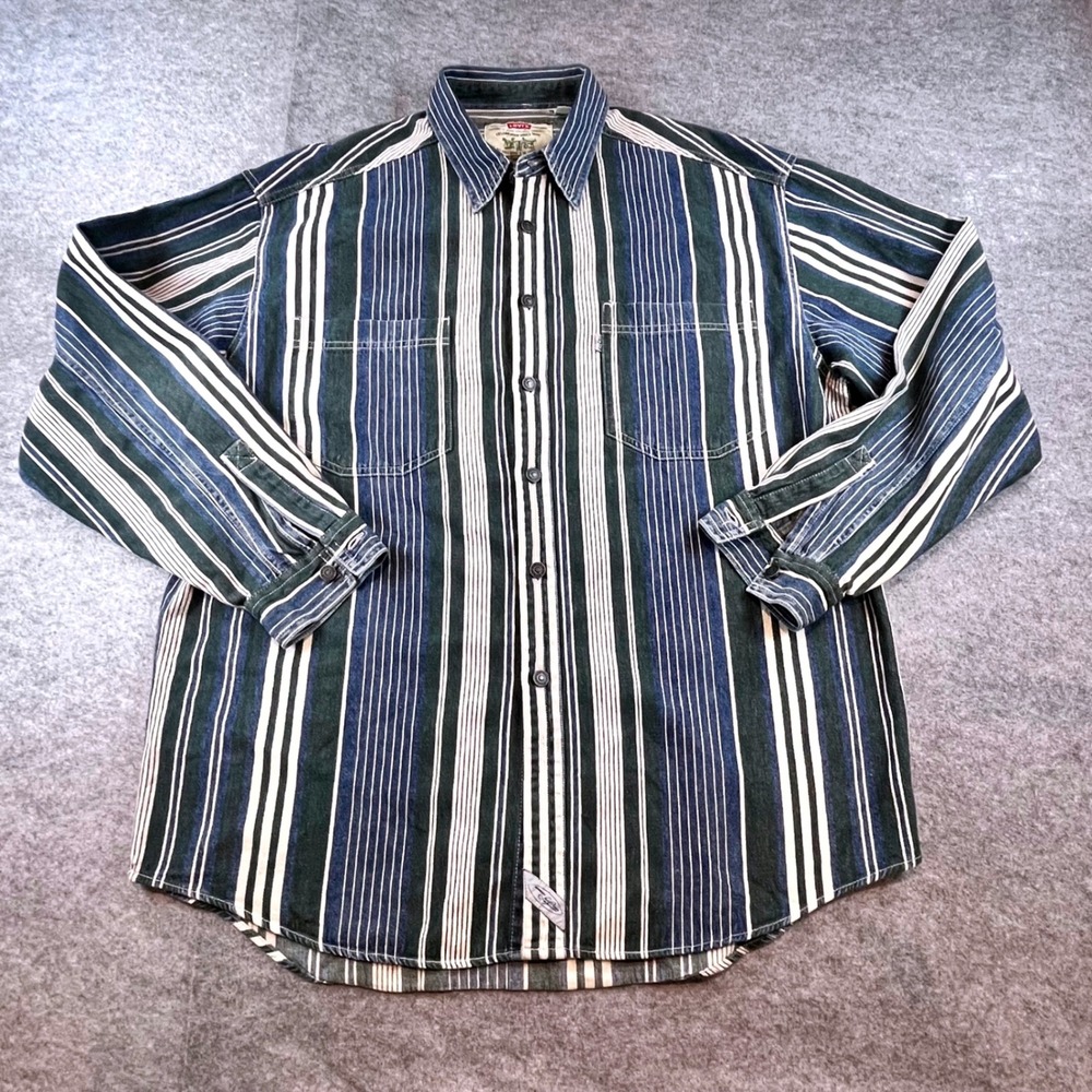 Levis Mens‎ Vintage Striped Western Shirt Blue Green Large Steer Skull Graphic L